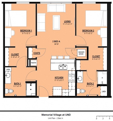 Floor plan for 2 beds, 2 baths, 887 sqft